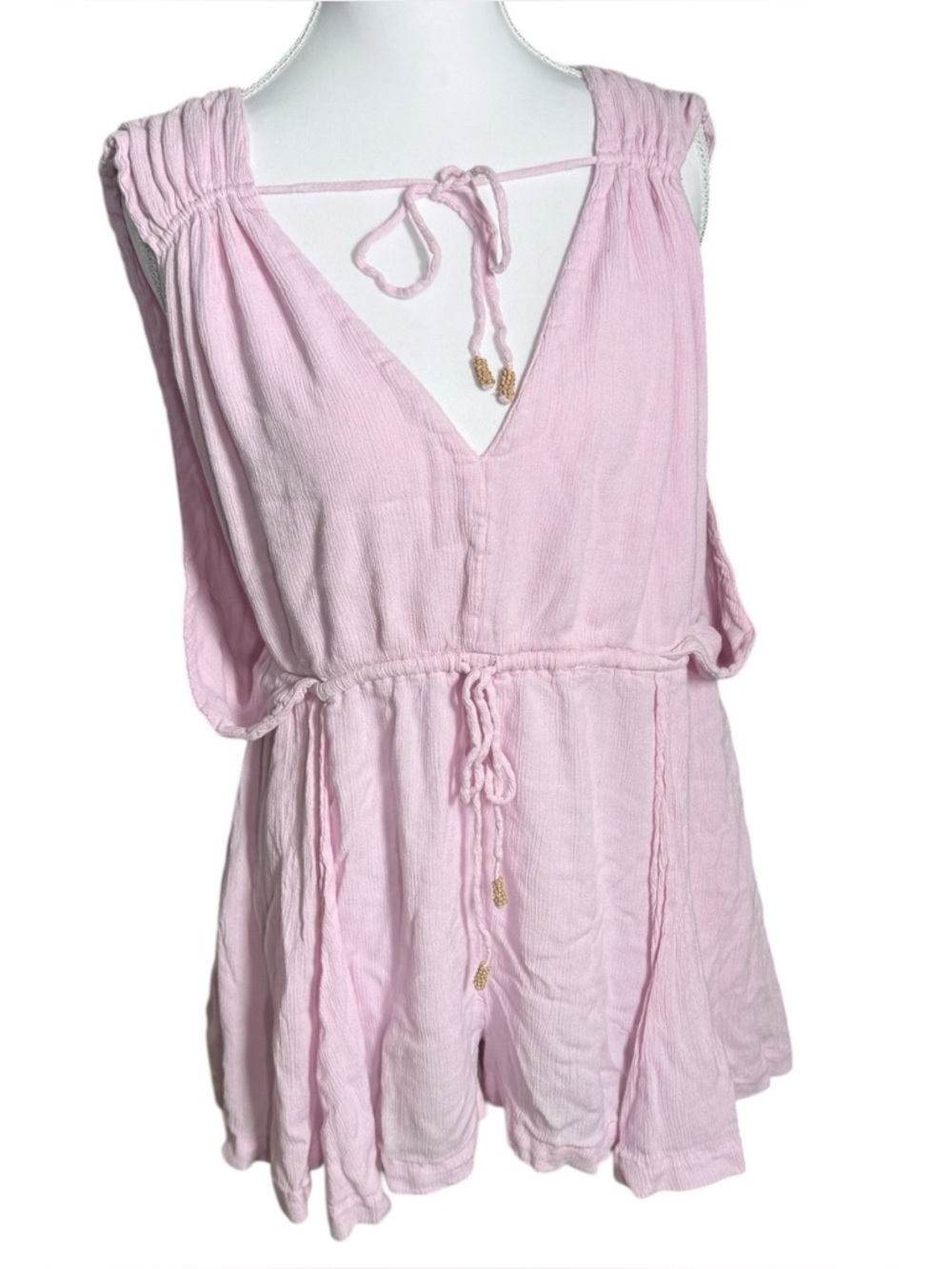 Free People Pink Romper Boho V-Neck Tie Waist Flowy Shorts Women’s M